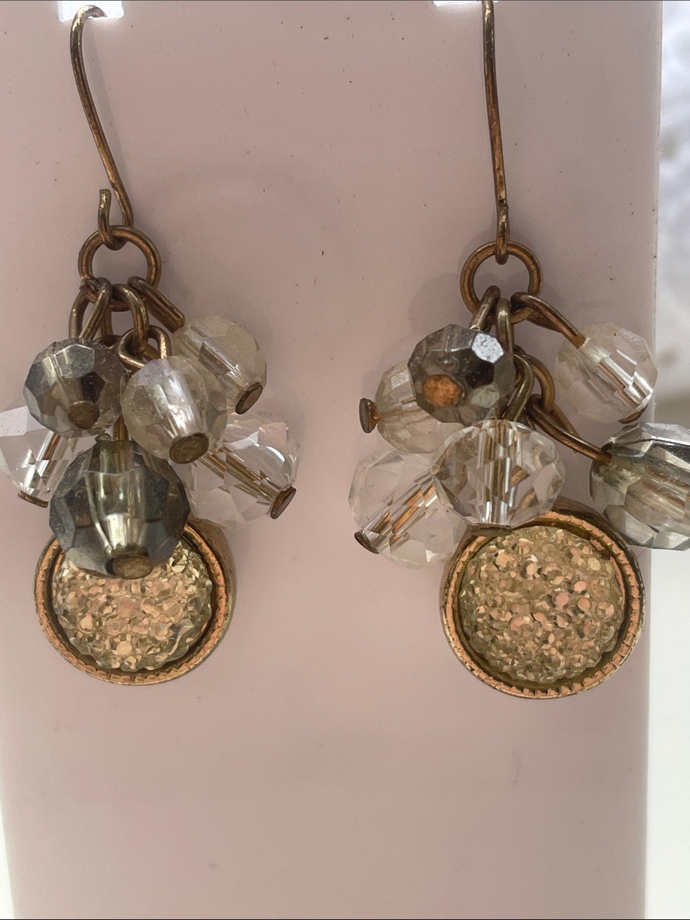 Gold and Clear and light green Crystal Cluster Drop Earrings 1.5” fish hook